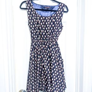 Navy blue tie dress with bird detail